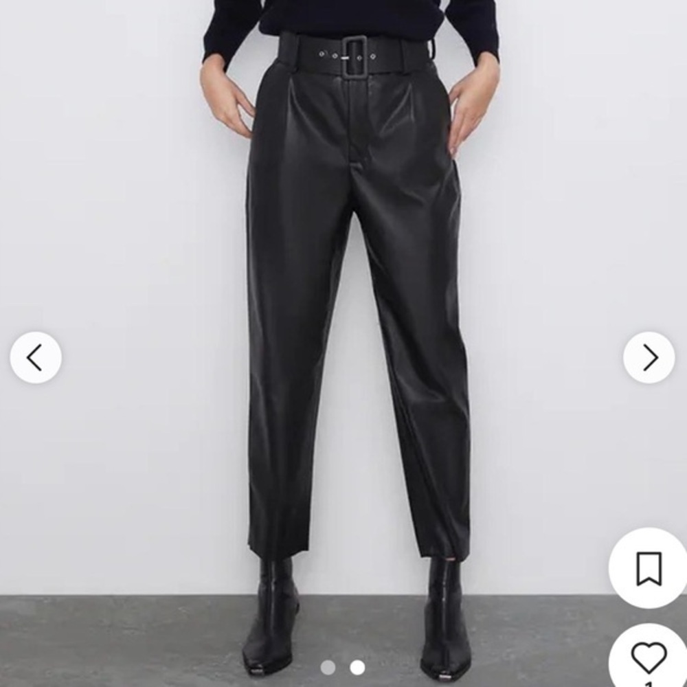 New Zara Black High Rise Pleated Faux Leather Pants Size Extra Small